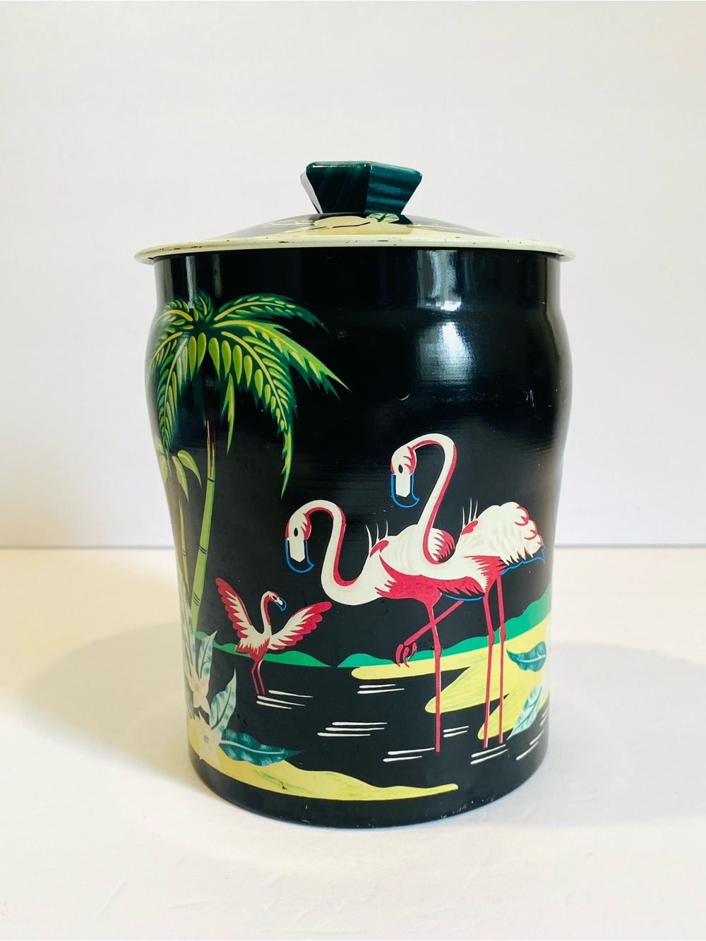 Vintage George W Horner Flamingo Tin Canister 6.5" Tropical Mid-Century England